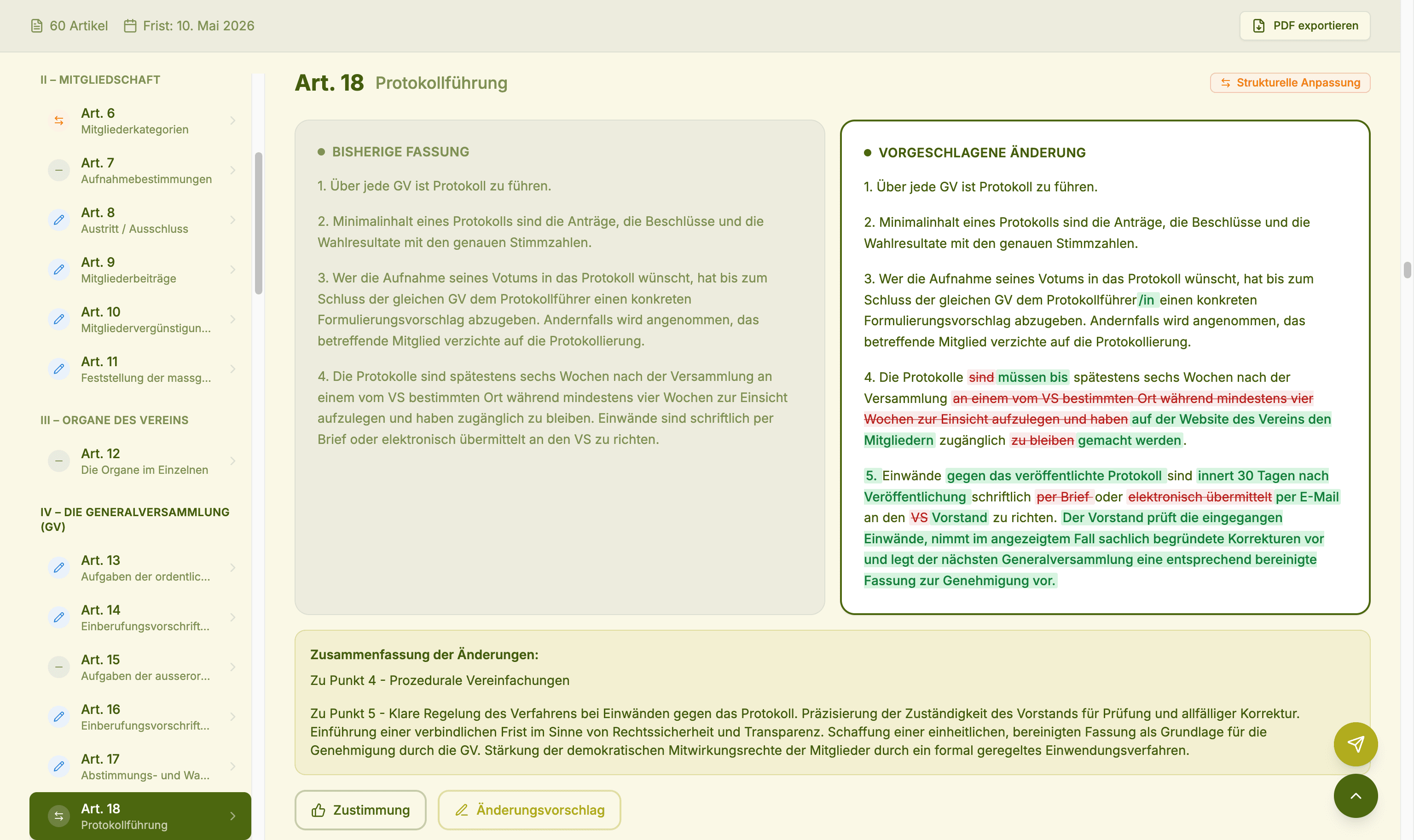 votivo Änderungsvergleich — Diff-Ansicht für Statutenänderungen