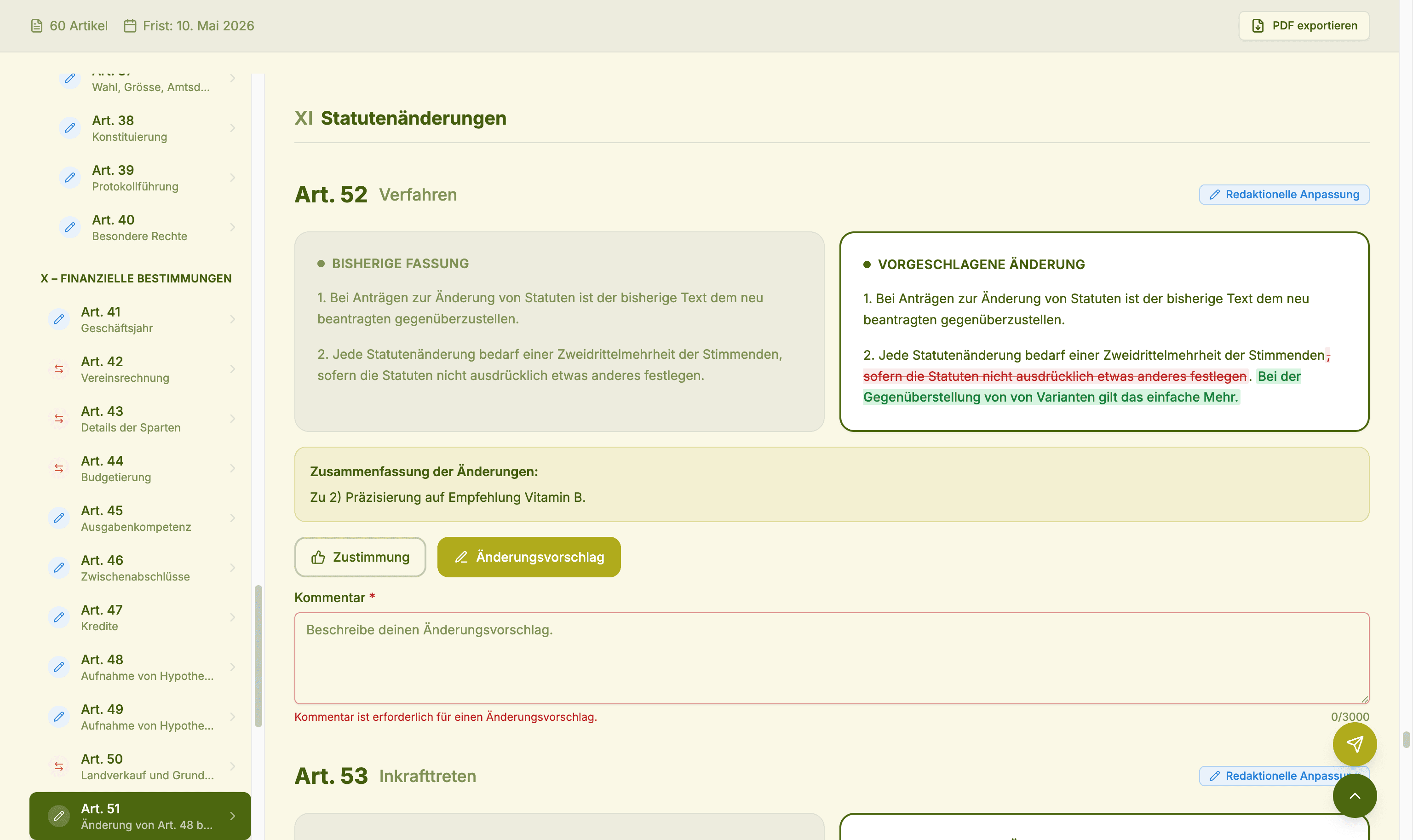 Stadtoase-Vernehmlassung — Zustimmung und Änderungsvorschlag pro Artikel