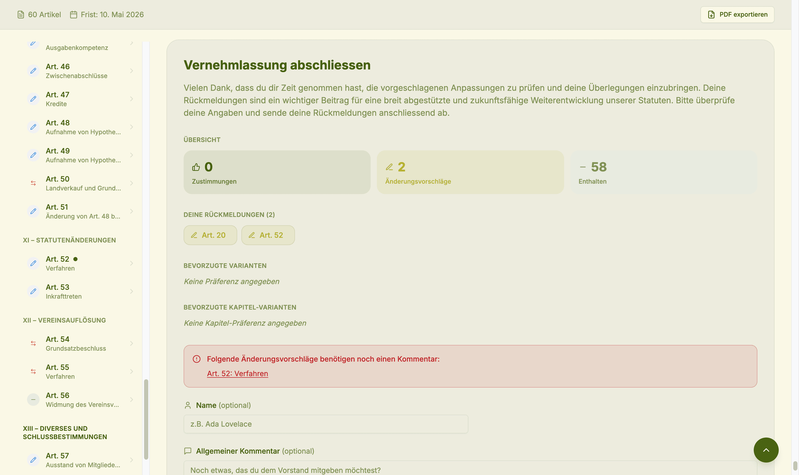 Stadtoase-Vernehmlassung — Abgabe mit Überblick