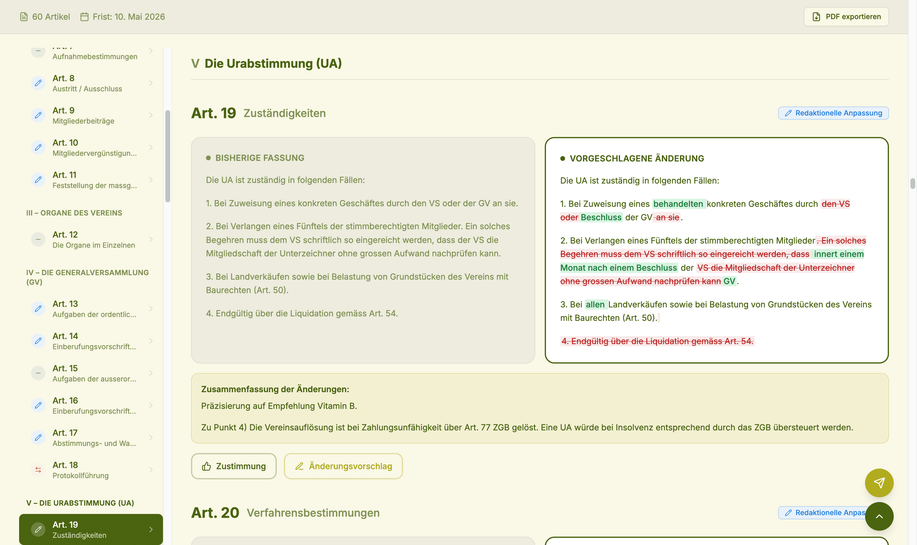 Votivo Artikel-Navigation — strukturierte Kapitelansicht, aufgenommen in der Stadtoase-Vernehmlassung