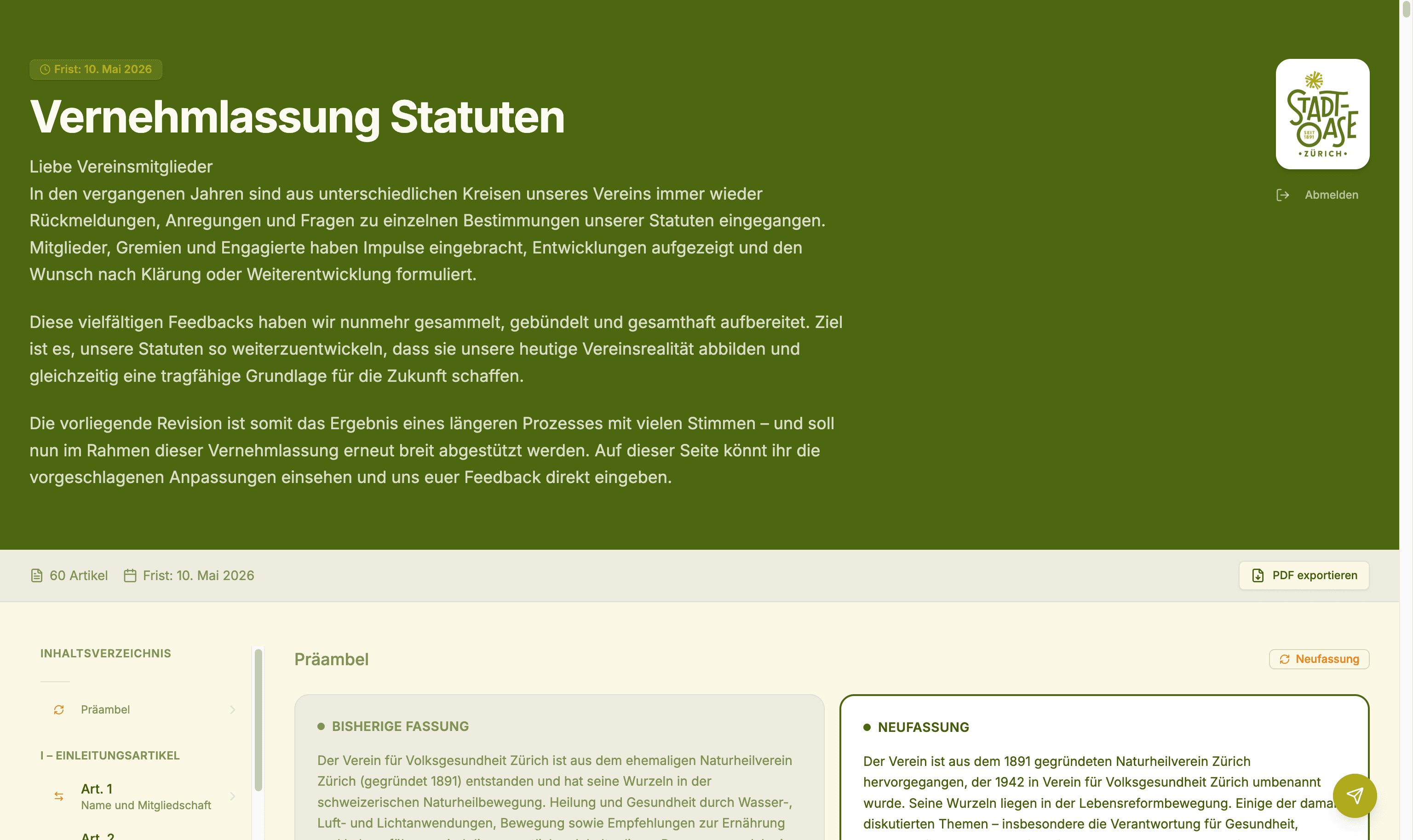 Votivo Vereins-Ansicht — Übersicht der laufenden Vernehmlassung der Stadtoase